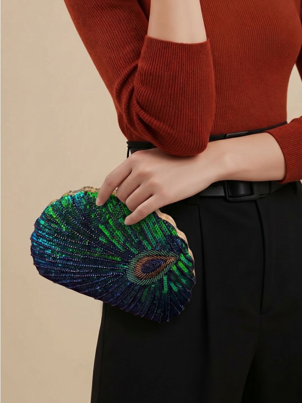 Beaded Peacock Shell Clutch Bag - Iridescent Green & Blue